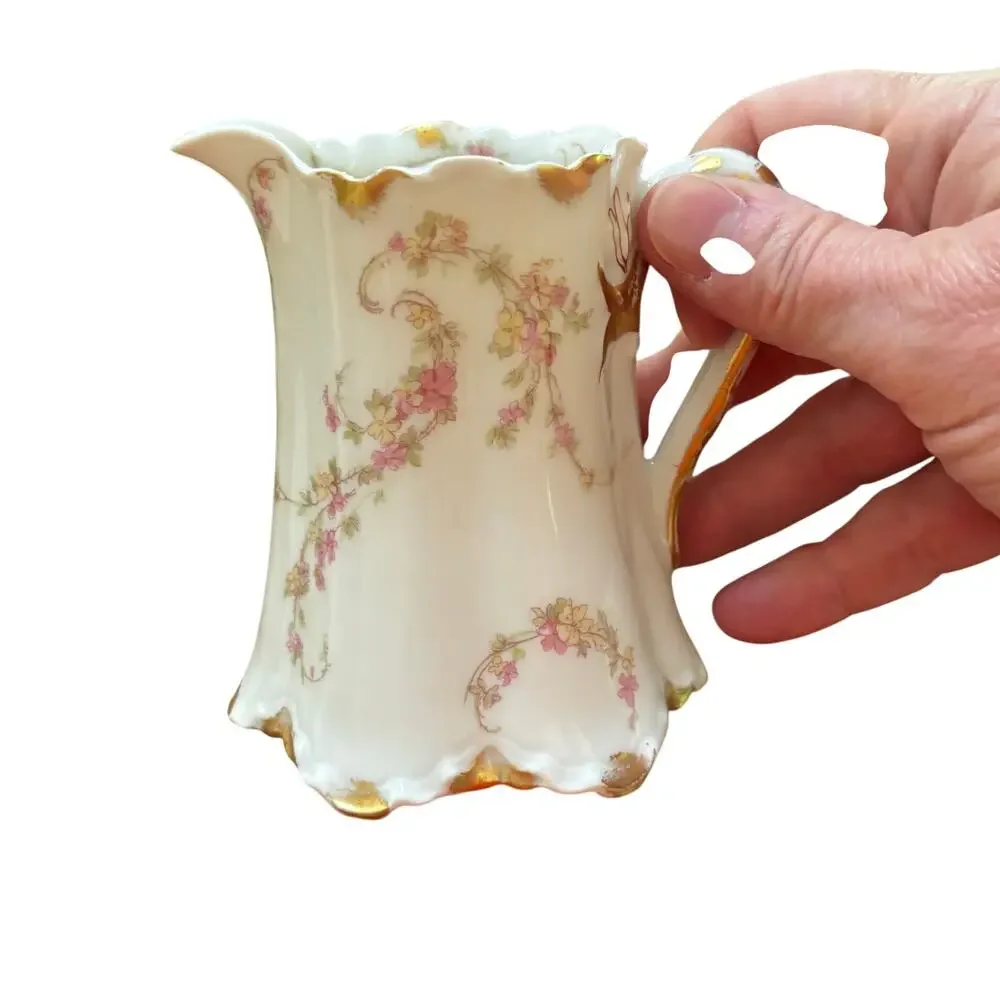 Haviland Limoges France creamer pitcher pink floral gold trim scalloped rim